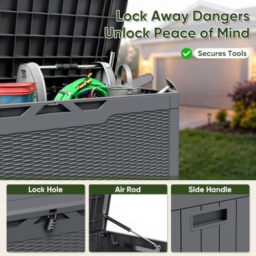 flamaker outdoor storage box 100 gallon waterproof resin shown in use