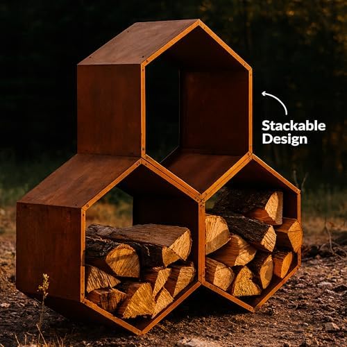 sunnydaze steel outdoor firewood rack, 30” w, hexagon showing dimensions