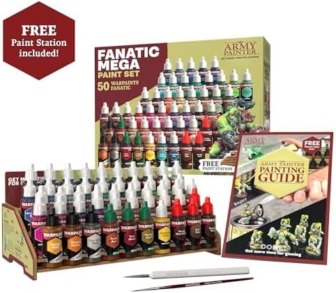 The Army Painter, Warpaints Fanatic Mega Set Combo, 50 x 18 ml | Painting Set incl. Skin Tones, Metallics, Effects, Washes, 1 Free Paint Station & 2 Brushes - Model Paint for Warhammer & Dnd