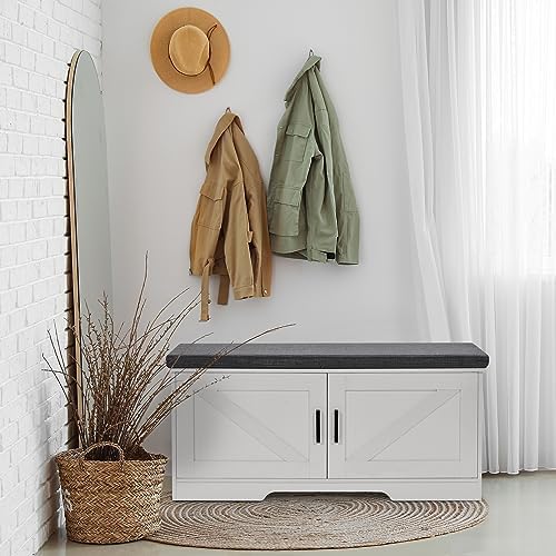 homsho farmhouse shoe storage bench with 2 barn shown in use