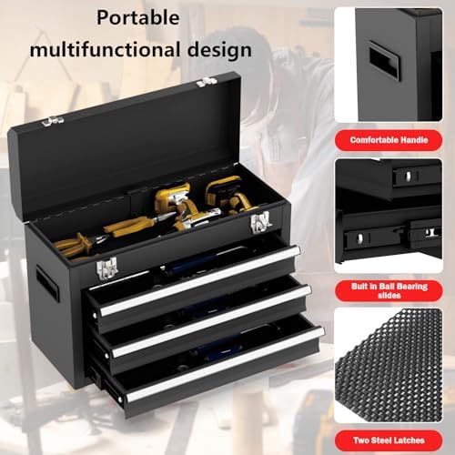 3 drawer metal tool box, portable metal tool, side view
