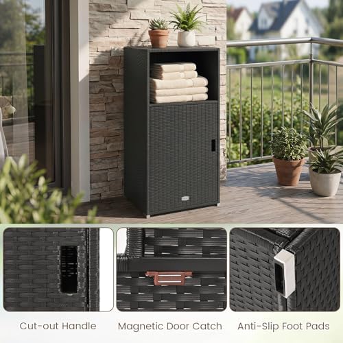tangkula rattan outdoor storage cabinet with 3 storage showing dimensions
