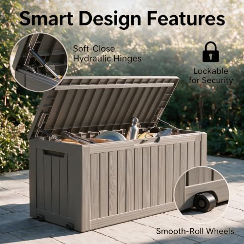 91 gal deck box,waterproof resin outdoor storage gas showing dimensions