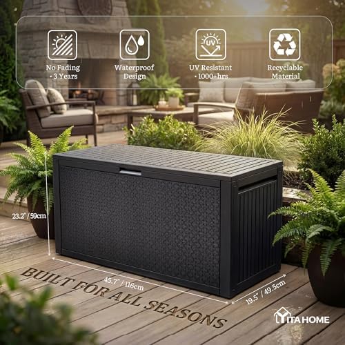 yitahome 95 gallon large outdoor deck box shown in use