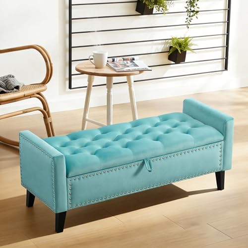 47in velvet storage ottoman bench with arms, upholstered on a desk or shelf