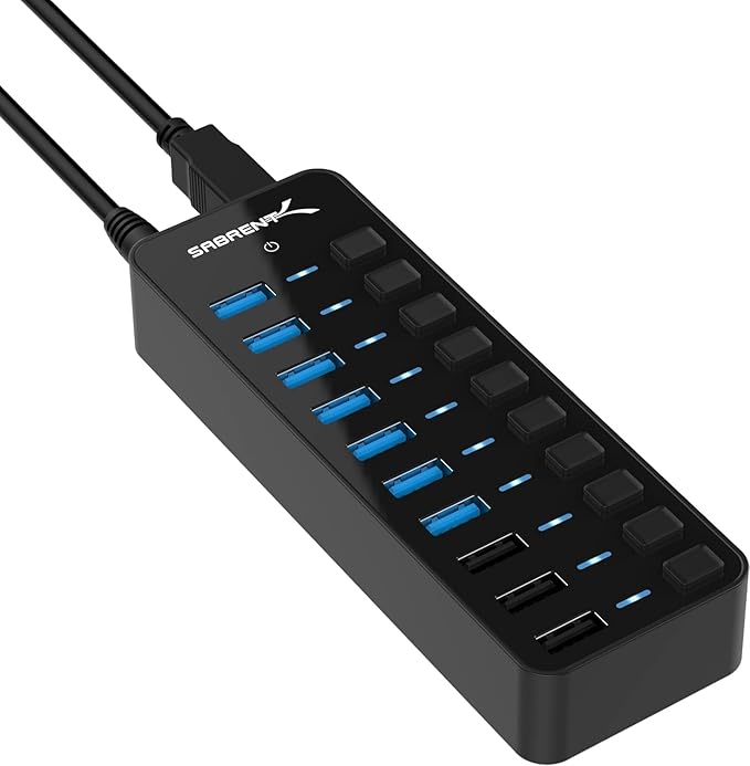 SABRENT 10-Port USB 3.0 Hub, Individual Power Switches and LEDs, 3 Smart by SABRENT
