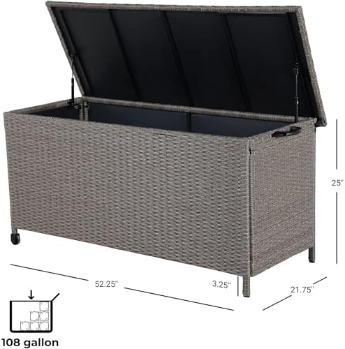 grand patio 108 gallon deck storage box indoor, front angle view