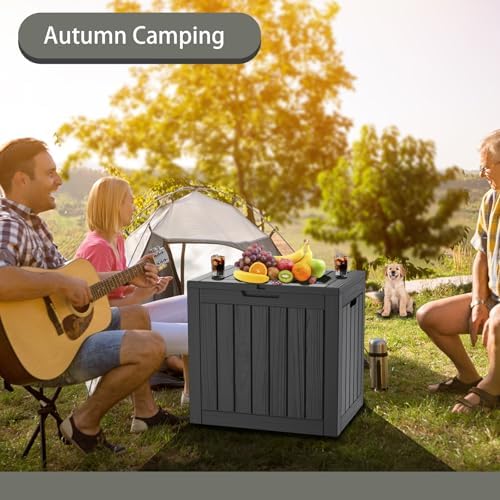 outdoor storage box waterproof, 35 gallon lockable resin, front angle view
