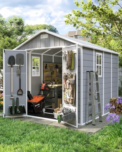 amopatio 8x8 ft storage shed, grey & white on a desk or shelf