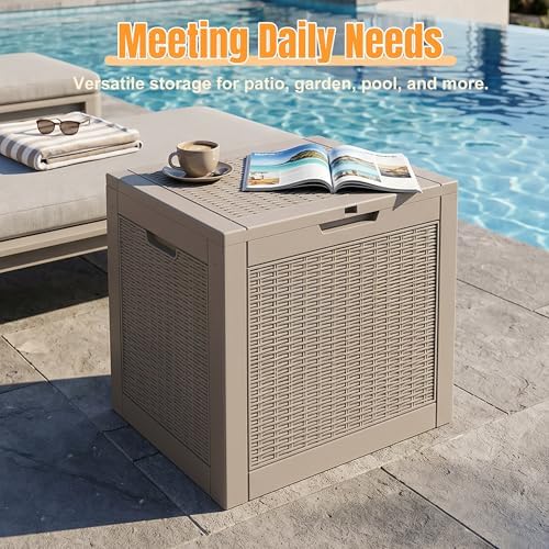 outdoor storage box, 42 gallon waterproof resin patio on a desk or shelf