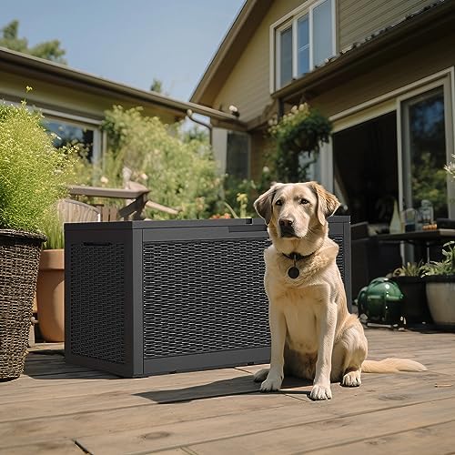 patiozen 120 gallon deck box,resin outdoor storage box, front angle view
