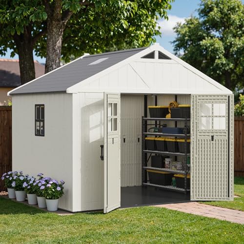 greesum 10x8ft resin outdoor storage shed with floor on a desk or shelf