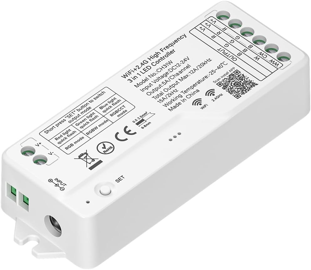 BTF-LIGHTING CH31W WiFi Bluetooth Smart RGB Controller 20kHz High Frequency PWM Dimmer for No Flicker No Buzzing RGB RGBW RGBCCT LED Strips Works with Alexa Google Home Smart Life App (No Remote)
