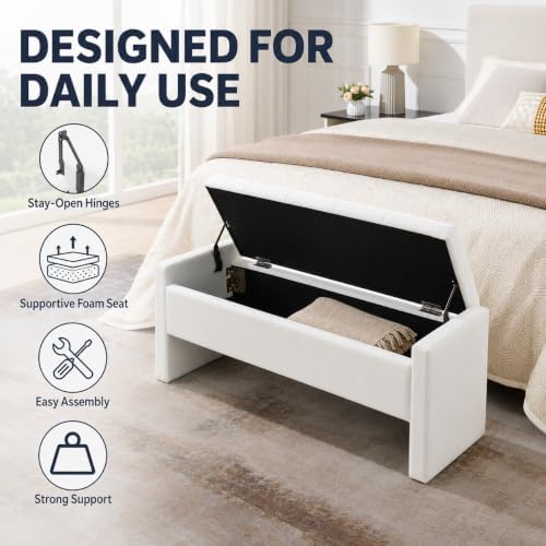 47.25 inch storage ottoman bench, linen upholstered, white showing dimensions