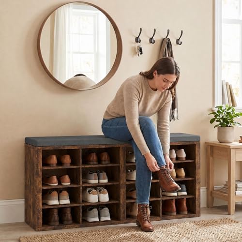 shoe rack bench, shoe storage bench with cushion showing dimensions