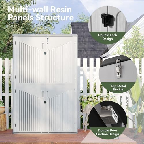aoxun outdoor storage shed, 64 cu.ft vertical resin shown in use