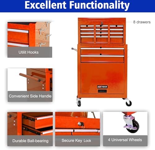 ryh 8 drawers rolling tool chests (orange, 8, side view