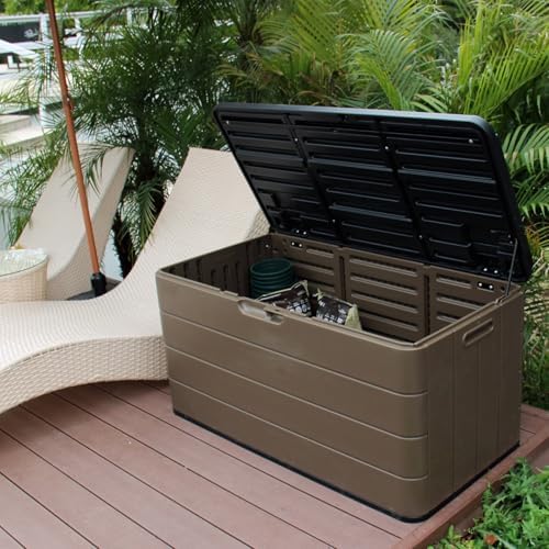 mrosaa resin deck storage box, 85 gallon outdoor, side view
