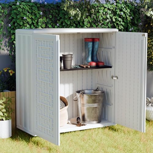 mrosaa indoor outdoor storage cabinet waterproof with shelf shown in use