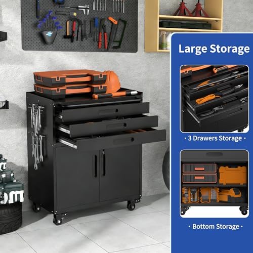 ryh 3 drawers rolling tool chest (black+, 3, side view