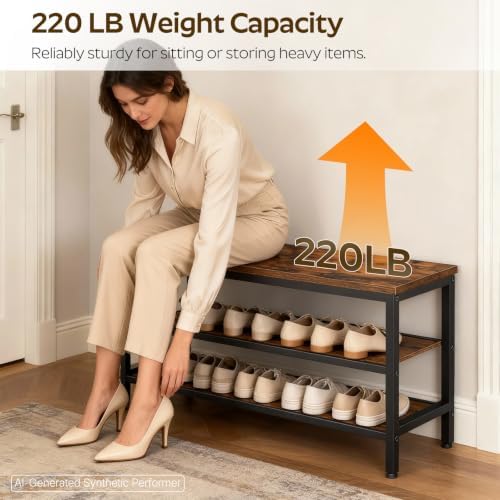 yatiney wooden shoe bench, 3-tier shoe rack, sturdy showing dimensions