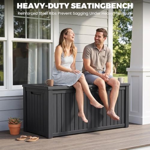 300 gallon resin deck box waterproof outdoor storage shown in use