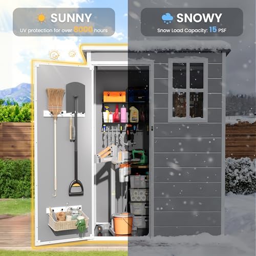 amopatio outdoor storage shed with floor, 5x3 ft shown in use