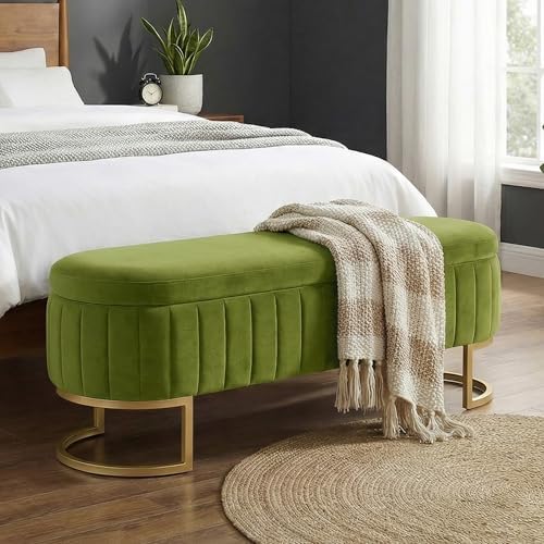 51 velvet storage ottoman bench end of bed, front angle view
