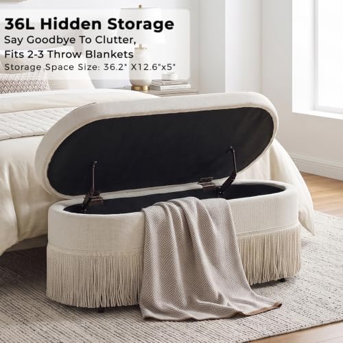 39.4“ boho storage ottoman bench with tassels,upholstered end, side view