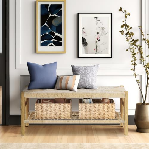 recaceik indoor entryway bench with paper cord ottoman shown in use