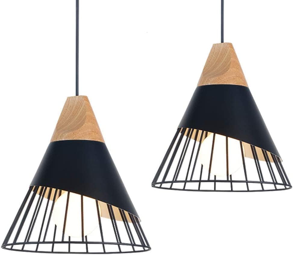 2 Pack Modern Farmhouse Pendant Light,Wood Top Black Slanted Metal Wire Cage Hanging Light Fixture,Adjustable E26 Pendant Lighting for Kitchen Island,Dining Table,Entryway Indoor Home Decor