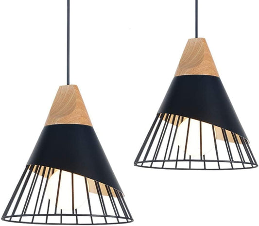 2 Pack Modern Farmhouse Pendant Light,Wood Top Black Slanted Metal Wire Cage Hanging Light Fixture,Adjustable E26 Pendant Lighting for Kitchen Island,Dining Table,Entryway Indoor Home Decor