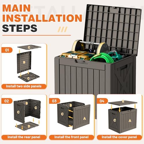 42 gallon outdoor storage box, lockable resin deck on a desk or shelf