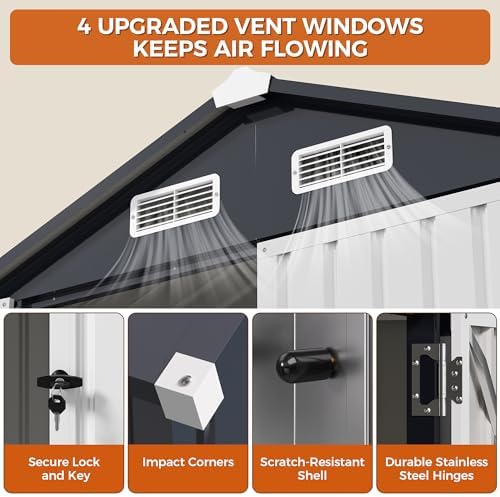 ironck 5.7x5.7ft outdoor storage shed, tool shed, dark showing dimensions