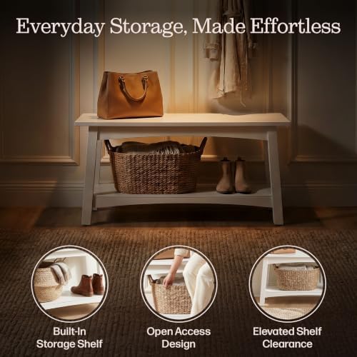 alaterre furniture craftsbury entryway bench with storage shelf, side view