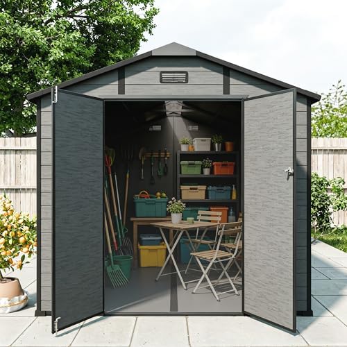 jt 8x14 ft resin storage shed, outdoor tool, front angle view