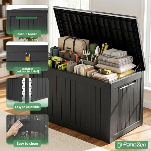 patiozen 310 gallon deck box lockable waterproof uv showing dimensions