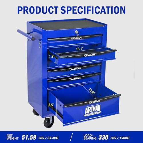 6-drawer heavy-duty rolling tool chest, lockable box organizer, close-up detail