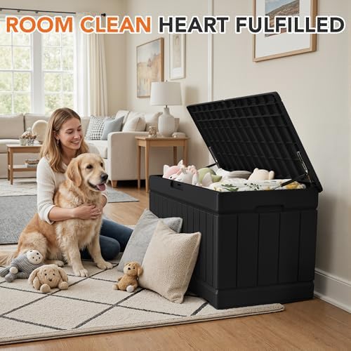 78 gallon deck box outdoor indoor waterproof storage shown in use
