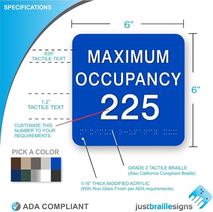 JUSTBRAILLESIGNS CUSTOMIZABLE MAXIMUM OCCUPANCY braille sign, 6” x 6”, Max - Image 2