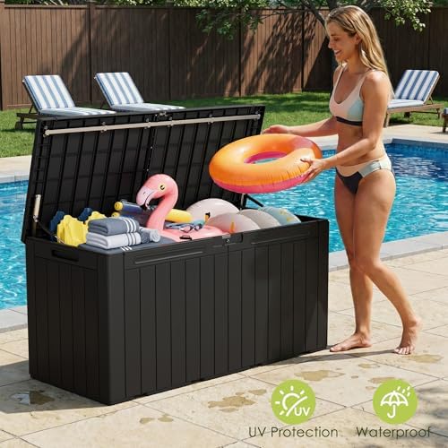 devoko 100 gallon outdoor storage box, waterproof deck on a desk or shelf