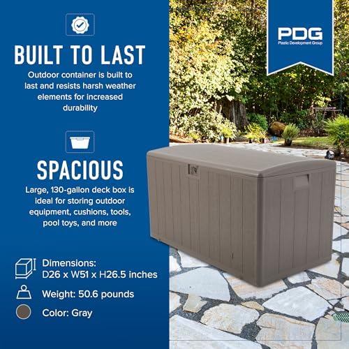 plastic development group outdoor deck box, soft close, close-up detail