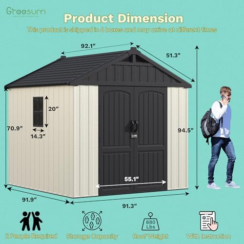 greesum 8x8ft plastic outdoor storage shed with floor shown in use
