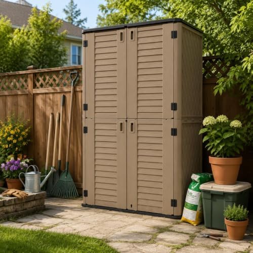 addok 66 cu.ft outdoor storage shed,resin storage cabinet on a desk or shelf