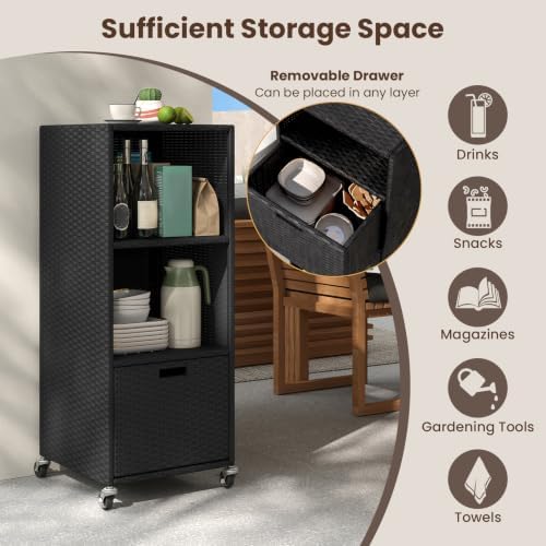 tangkula rattan outdoor storage cabinet with 4 wheels showing dimensions