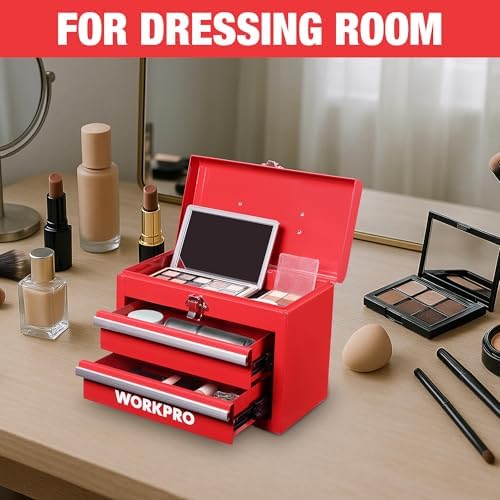 workpro portable mini metal tool box with 2 on a desk or shelf