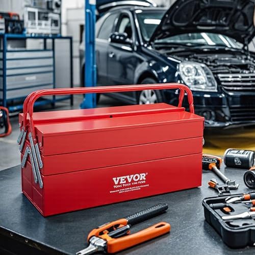 vevor metal tool box, 18-inch, 3-tier 5-tray portable, front angle view