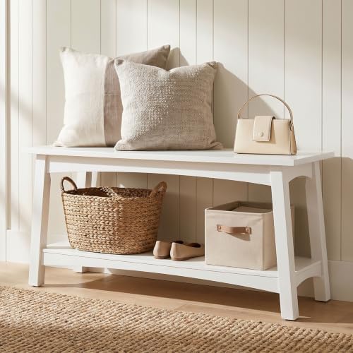 alaterre furniture craftsbury entryway bench with storage shelf shown in use