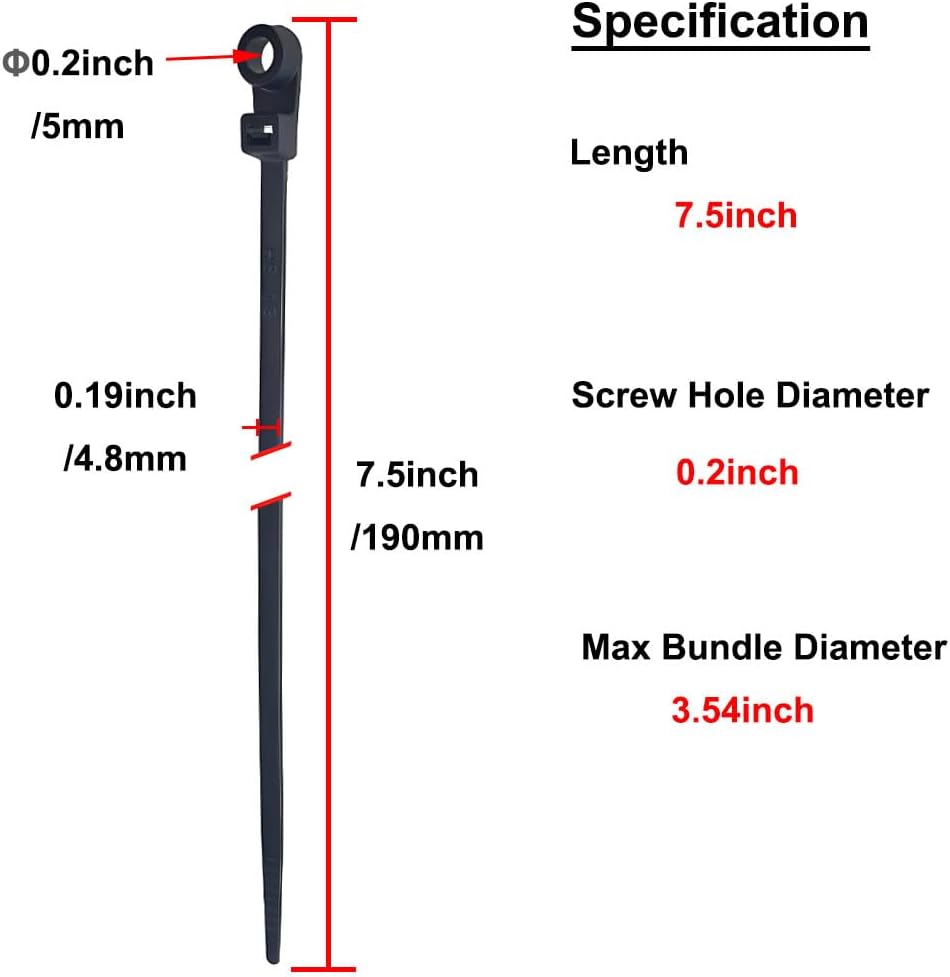 HS Plastic Ties with Screw Holes (500 Pack) 7.5 Inch Mount Head Electrical Zip Ties 50 LBS,UV Black