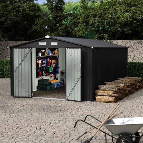 10x14 ft metal storage sheds outdoor, metal yard, front angle view